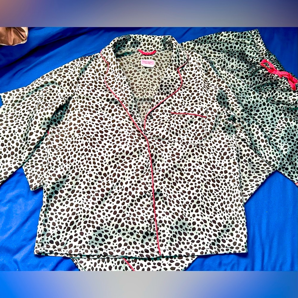 Kate Spade Green, Black Cheetah Print Pajamas W/ Pink Trim, Size S